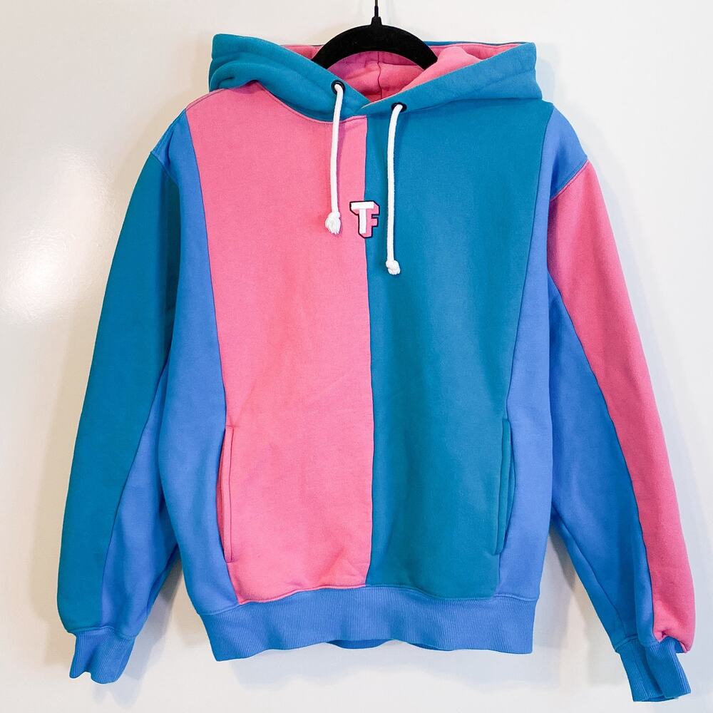 Teddy Fresh Love 80s Color Block Blue Pink Fleece Hoodie size Small